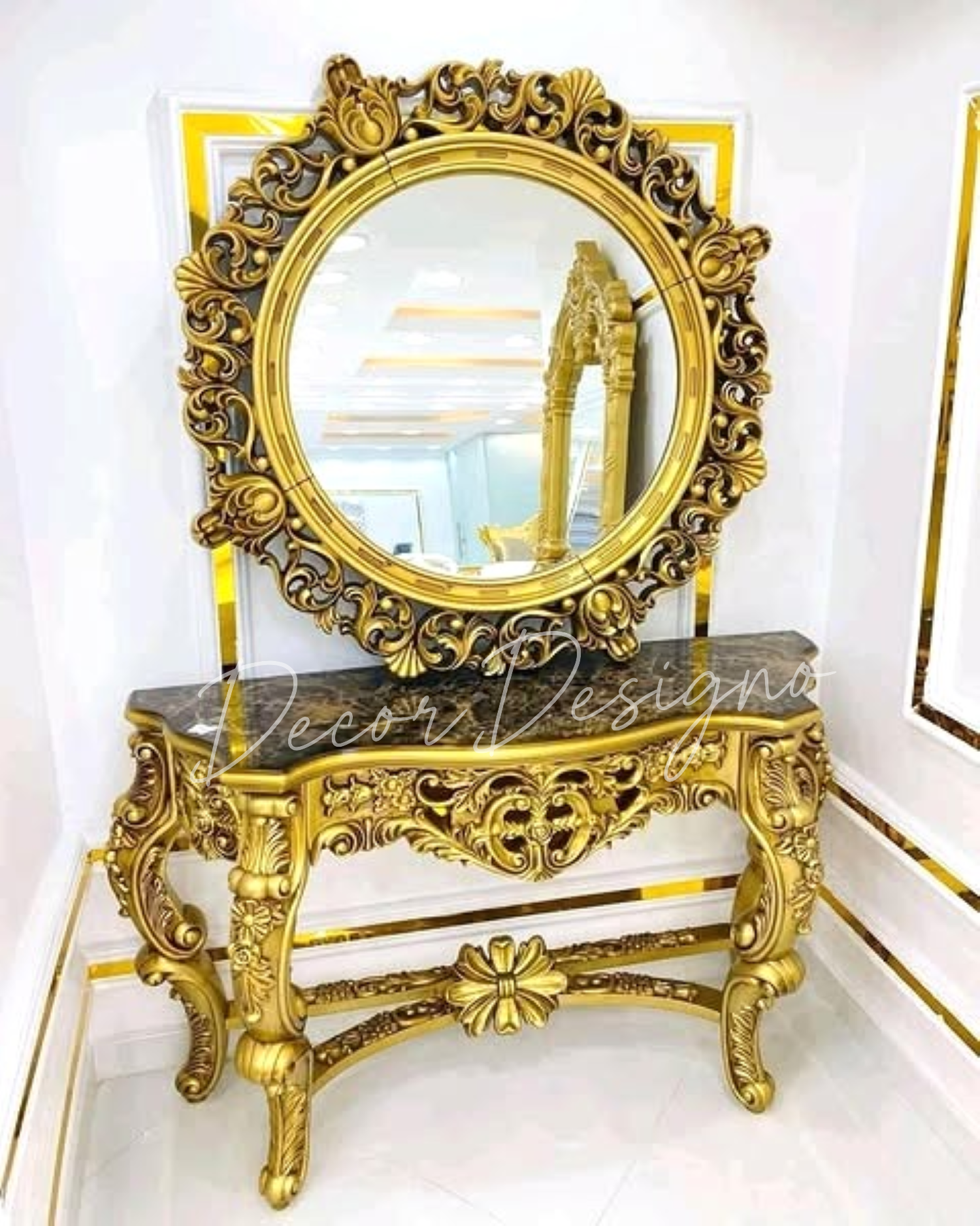 Luxury Handcrafted Golden Dressing Table with Mirror