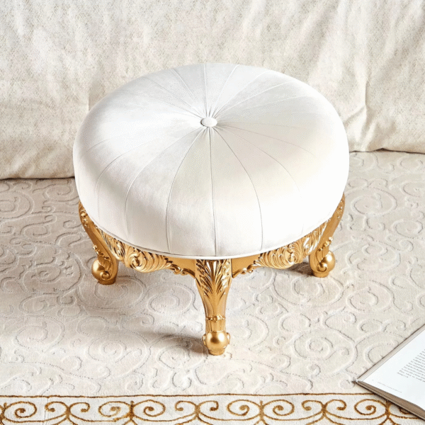 Luxury Round Wooden Stool with Gold Upholstery - Image 23