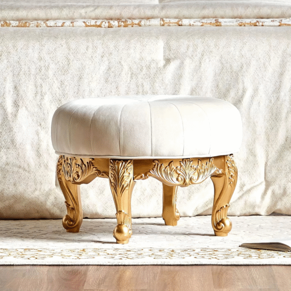 Luxury Round Wooden Stool with Gold Upholstery - Image 25