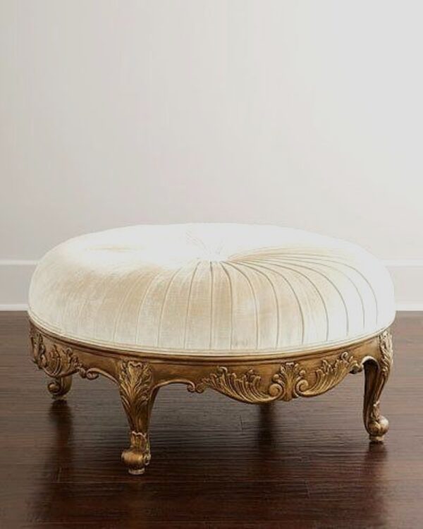 Luxury Round Wooden Stool with Gold Upholstery - Image 2