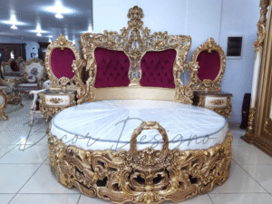 Round Bed wooden King Size with Mattress Stunning Golden Finish Modern Luxury Bedroom Centerpiece decor designo chiniot
