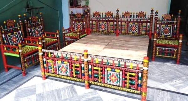 Rangla Bed Design Chiniot Luxury Handcrafted Peera & Charpai  Decor Designo Pakistan - Image 3