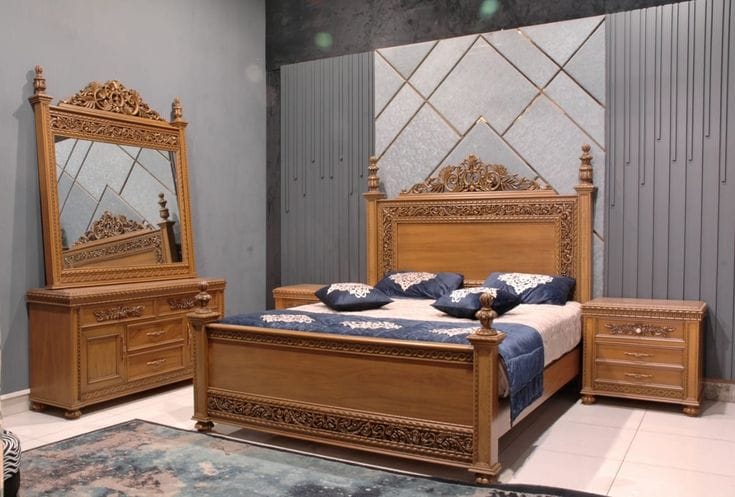 Wooden Chinioti Bed Set Design Luxury King Size Hooker Bedroom Furniture Style - Image 10